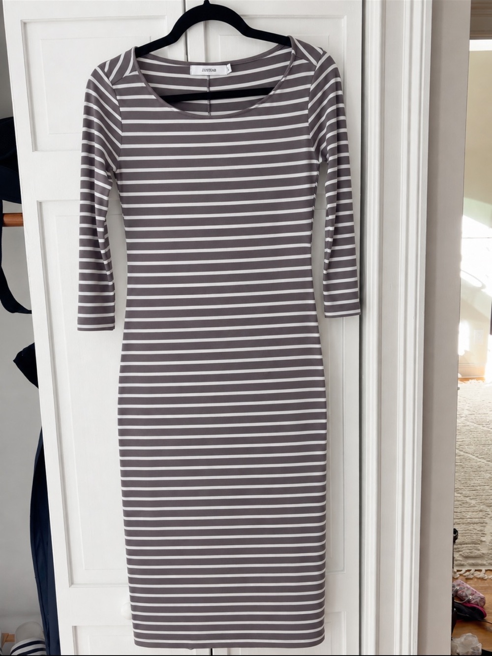 Striped Gray & White Bodycon Dress (maternity friendly)
